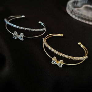Layered Open Bangle Copper Zircon Bowknot Butterfly Elegant Fashionable Adjustable Hand Jewelry For Women