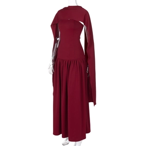 Detail of dark red two-piece maxi dress set with sleeveless gown and matching shrug