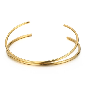 Minimalist double-layered gold titanium steel open bangle with brushed metal finish