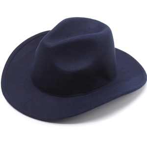 Detailed texture of dark blue wool felt fedora with stylish brim and pinch crown