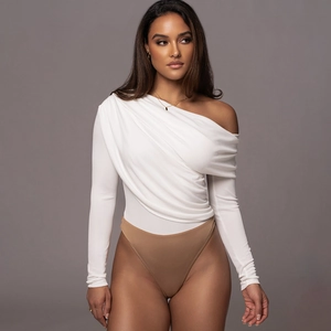 Elegant white one-shoulder long sleeve bodysuit with pleated detail and slim fit design