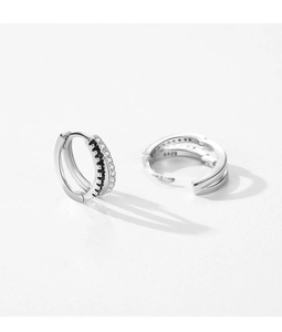 Close-up of S925 sterling silver hoop earrings with black and white zircon stone inlay