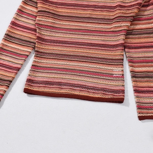 Close-up of multicolor striped knit top showing crochet texture and hem details