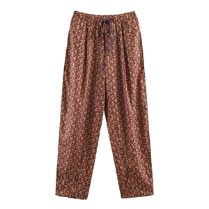 Pantalon femme à motif paisley marron rouge avec taille haute élastique et cordon de serrage