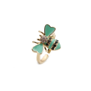 18K gold plated bee ring with green enamel wings and zircon stones on white background