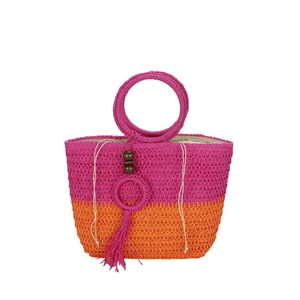 Pink and orange hand-woven straw tote bag with round handles and tassel details