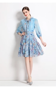 Detail of light blue floral chiffon dress featuring ruffle collar and lantern sleeves