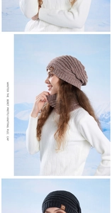 Detail of winter knitted beanie and neck warmer set with thick lining and leather logo