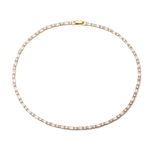 Close-up of 18k gold plated tennis necklace with baguette and round cubic zirconia