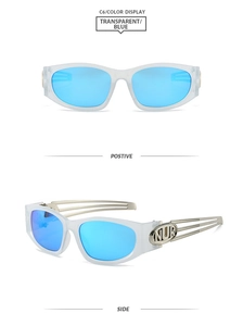 Detail view of transparent square frame sunglasses with blue lenses and metal accents