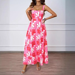 Pink floral print maxi dress with square neckline and wide straps for summer beach wear