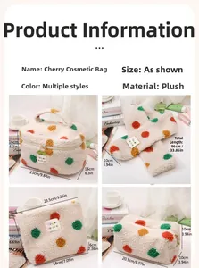Polka dot plush makeup bag set with dimensions for tote, scarf, square bag, and pencil case
