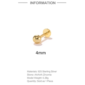 Macro view of 4mm golden 925 silver ball earring with technical product specifications
