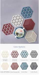 Close-up of hollow geometric silicone coasters in diverse patterns and colors