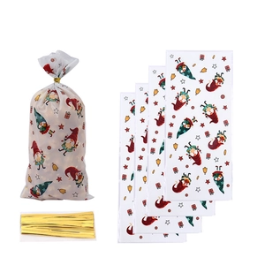 Christmas gnome print OPP gift bags with gold twist ties for festive candy packaging