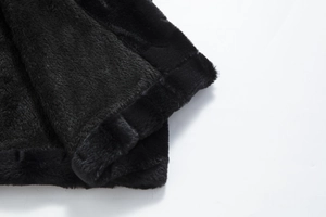 Close-up of premium black faux fur texture showing soft and dense plush material