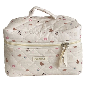 Quilted donut bear makeup bag with top handle and large capacity storage for travel