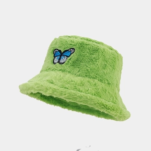 Fashionable green plush bucket hat with butterfly embroidery for winter warmth