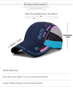 Quick-dry baseball cap sizing chart showing brim, depth, and 56-60cm circumference