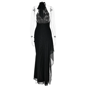 Detail of a black backless halter evening dress with shimmering fabric and slit hem