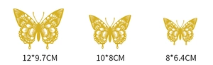 Three gold hollow butterfly wall stickers in different sizes with detailed dimensions