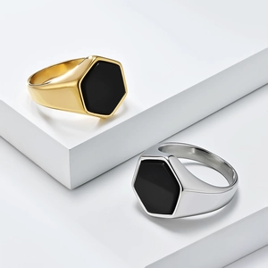 Minimalist Hexagon Signet Ring Stainless Steel Black Enamel Geometric Industrial Style Genderless Fashion Hand Jewelry