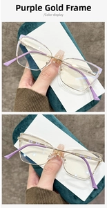 Detailed views of purple and gold cat-eye metal glasses frame with woven temple pattern