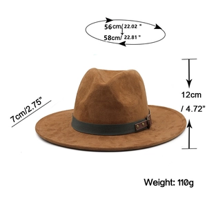 Brown faux suede western fedora hat with webbed band trim and detailed dimensions