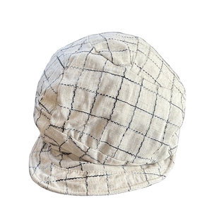 Minimalist cream plaid linen beret hat with breathable texture and octagonal vintage design