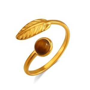 Bague plume dorée avec pierre oeil de tigre et anneau ouvert réglable en acier inoxydable