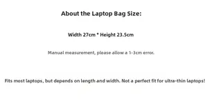 Detailed dimension guide showing 27x23.5cm size for a 13-inch laptop sleeve