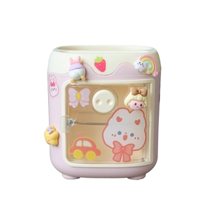 Pink cute pig desktop stationery organizer with clear dustproof door and cartoon charms