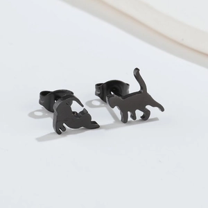Minimalist black stainless steel cat silhouette stud earrings for women on white background