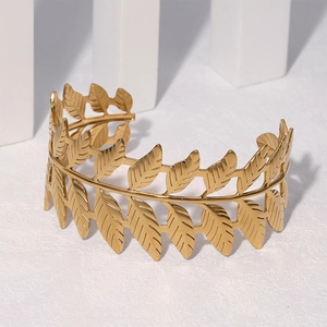 Elegant 18k gold plated stainless steel open cuff bracelet with Greek leaf design