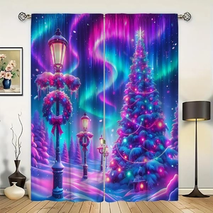 Detail of Christmas curtains featuring digital aurora and snowy tree print with metal eyelets