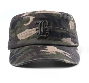 Detail of camouflage military cap with letter B embroidery and mesh ventilation holes