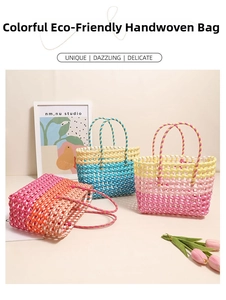 Detailed close-up of colorful hollow woven bags in pink, blue, and orange gradients