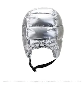 Rear view of silver padded winter aviator hat with windproof chin strap and quilted texture