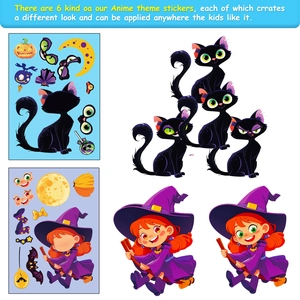 6 sheets of Halloween DIY puzzle stickers featuring cute cartoon witch and black cat designs