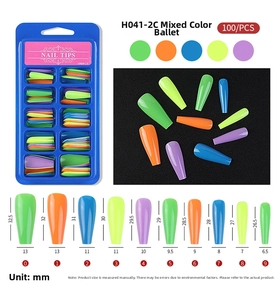 Detailed size chart for colorful ballet-style long coffin press-on nail tips
