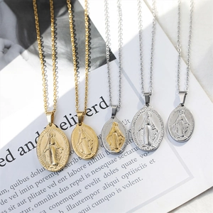 Virgin Mary Miraculous Medal Pendant Necklace Stainless Steel IP Gold Plated Oval Religious Medal High Polished Jewelry
