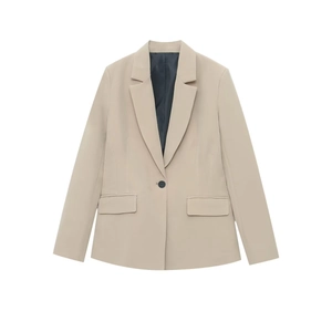 Elegant slim-fit khaki blazer for women featuring a single button and classic lapel
