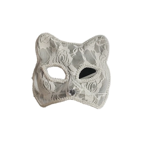 White lace cat mask with rose patterns, pearl bead edges and a heart gemstone