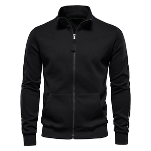 Detailed view of the ribbed cuffs and secure zipper on the men's black athletic jacket