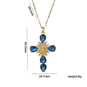 Detailed dimensions of the gold cross necklace with blue zircons and Virgin Mary relief