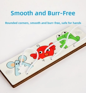 Detailed view of smooth wooden busyboard threading toy with cartoon animal patterns