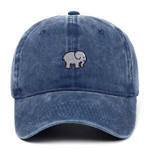 Detailed view of grey elephant embroidery on navy washed cotton baseball cap
