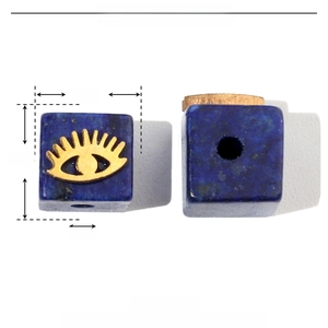 Macro detail of 6mm blue lapis lazuli evil eye bead with gold-plated stainless steel