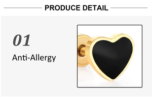 Close-up of black heart stud earring with gold frame and anti-allergy feature