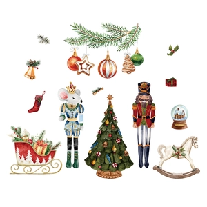 Christmas watercolor nutcracker and sleigh window decals set for festive home decoration